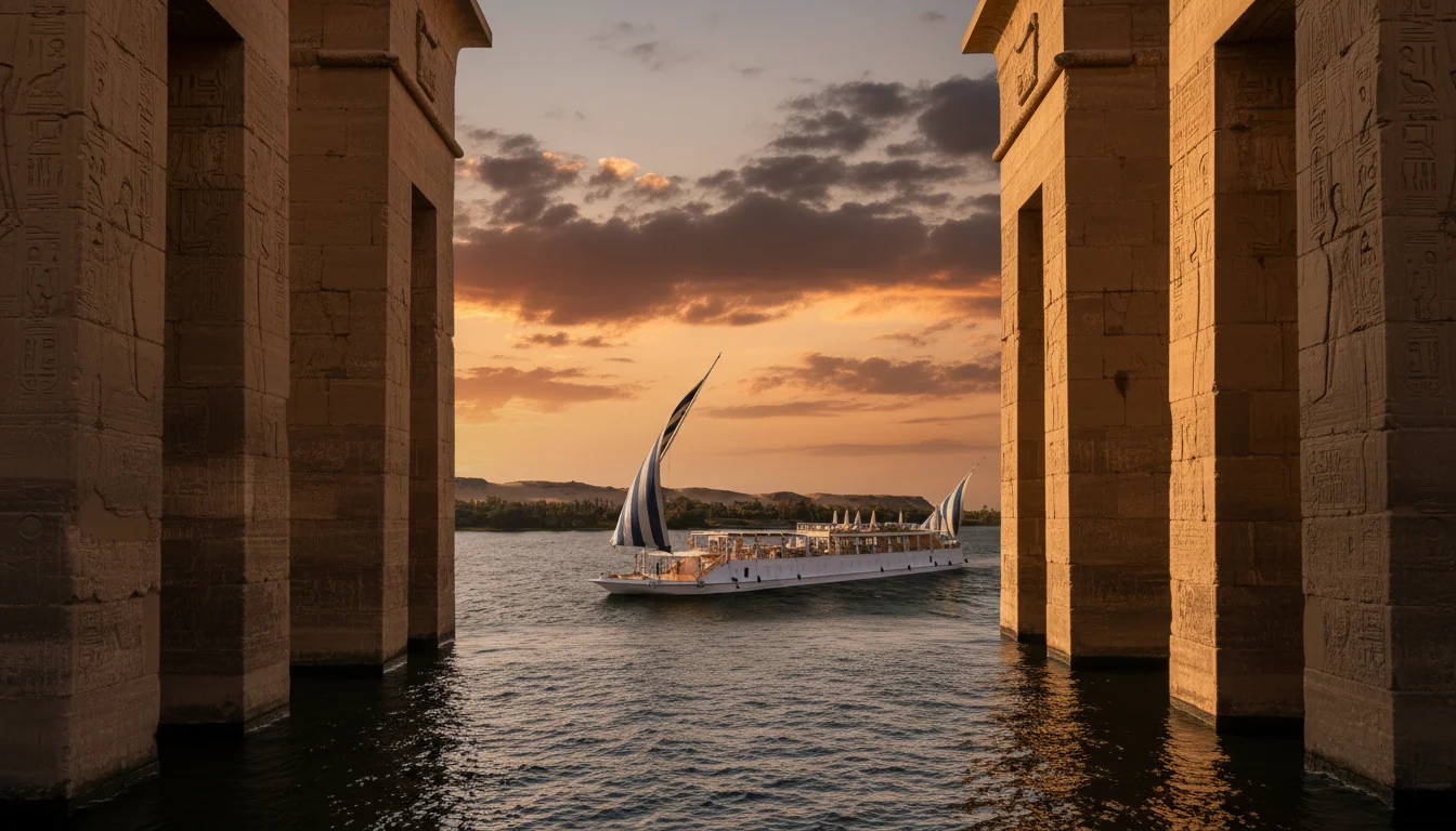 Cinematic view of Soul of the Nile luxury Dahabiya cruise sailing on the Nile River at sunset, framed by a massive ancient Egyptian temple gateway with hieroglyphic carvings